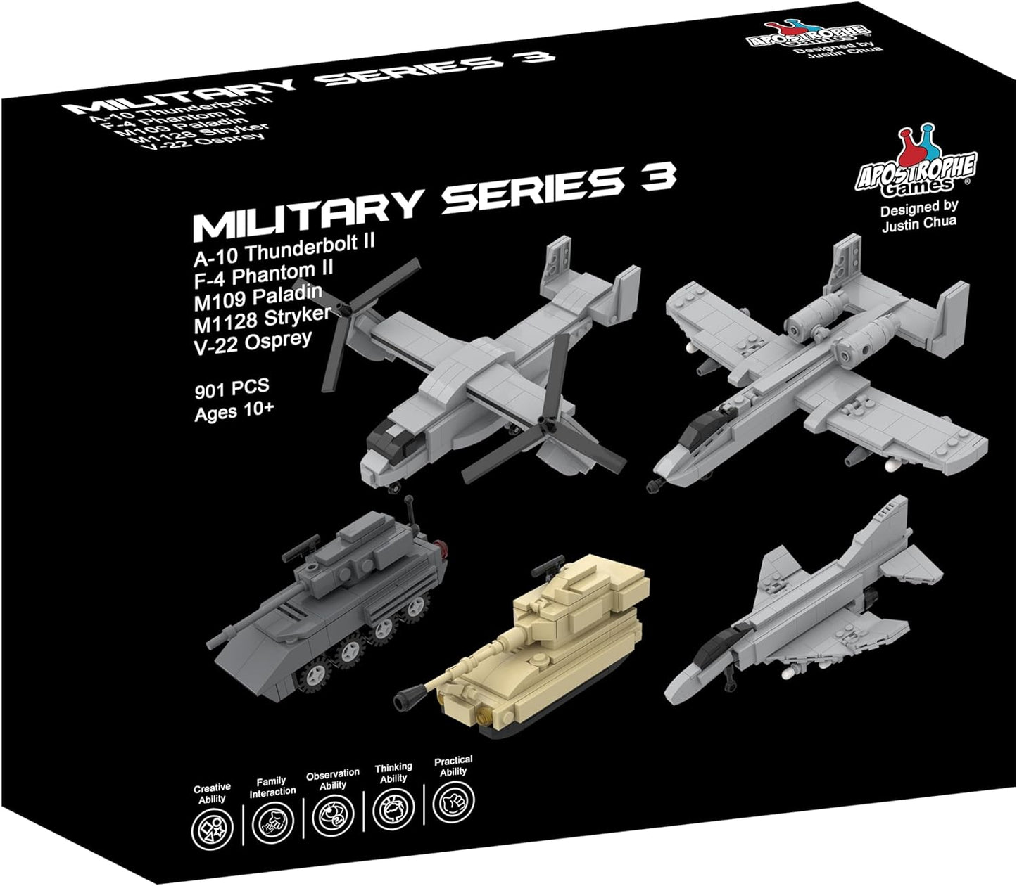 5 Military Building Block Sets (A-10 Thunderbolt II, F-4 Phantom II, M109 Paladin, M1128 Stryker, & V-22 Osprey) - 901 Pieces