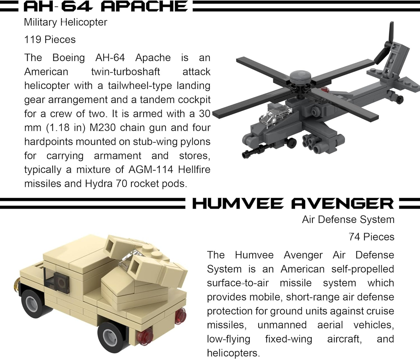 5 Military Building Block Sets (F/A-18 Hornet, F-14 Tomcat Fighter Jet, AH-64 Apache Helicopter, M2 Bradley Tank, and Humvee Avenger) - 728 Pieces