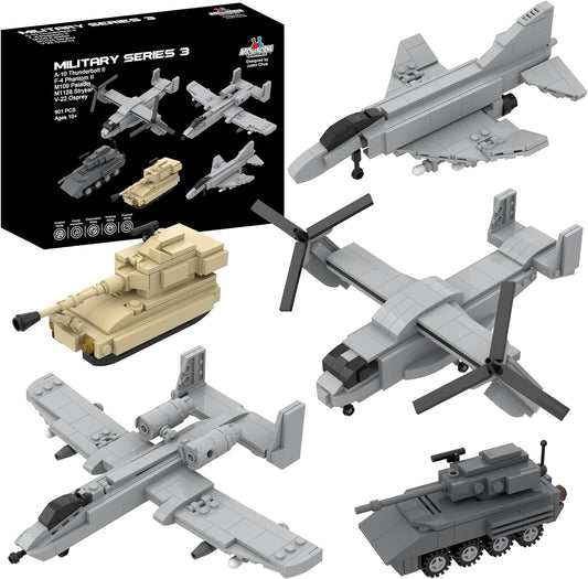 5 Military Building Block Sets (A-10 Thunderbolt II, F-4 Phantom II, M109 Paladin, M1128 Stryker, & V-22 Osprey) - 901 Pieces