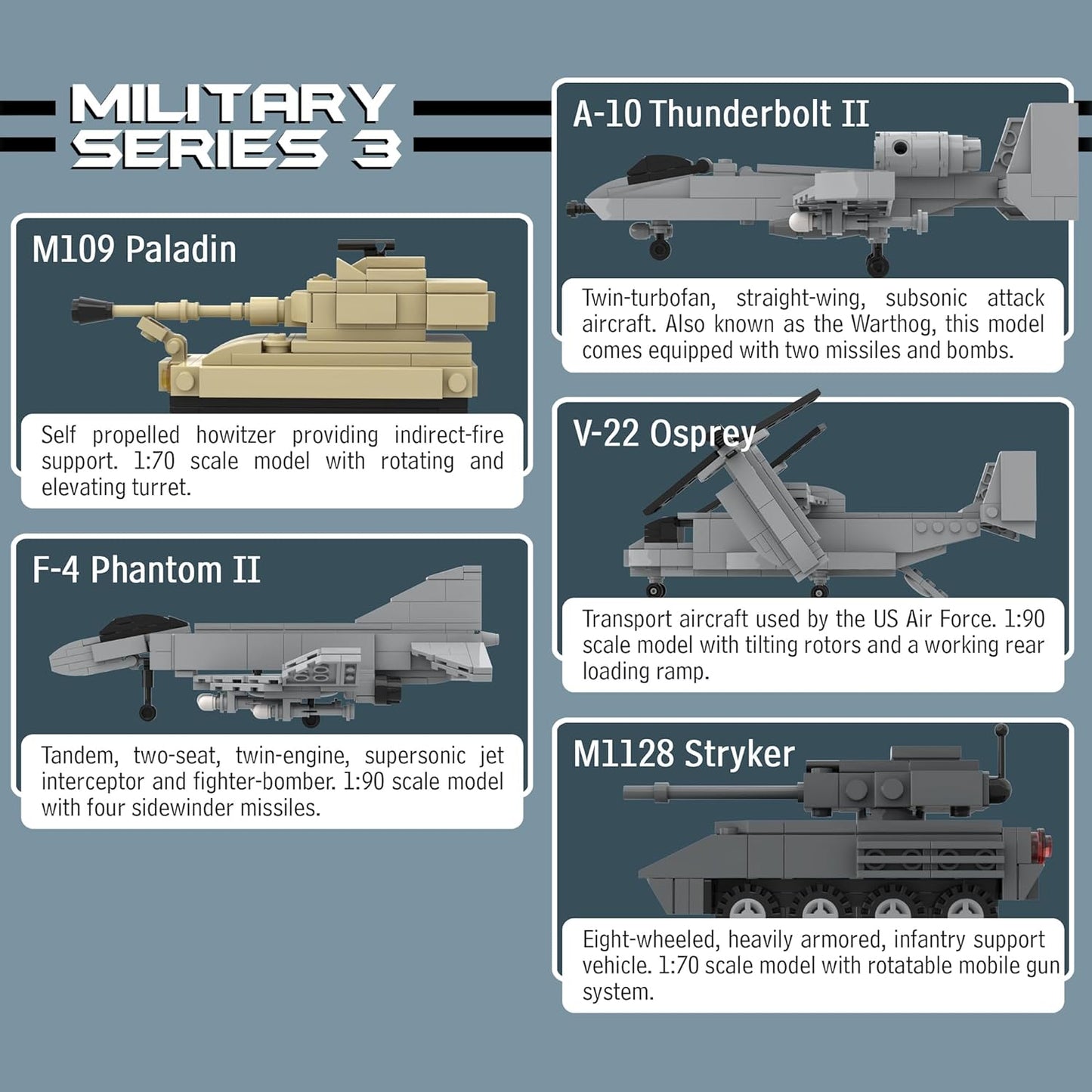 5 Military Building Block Sets (A-10 Thunderbolt II, F-4 Phantom II, M109 Paladin, M1128 Stryker, & V-22 Osprey) - 901 Pieces