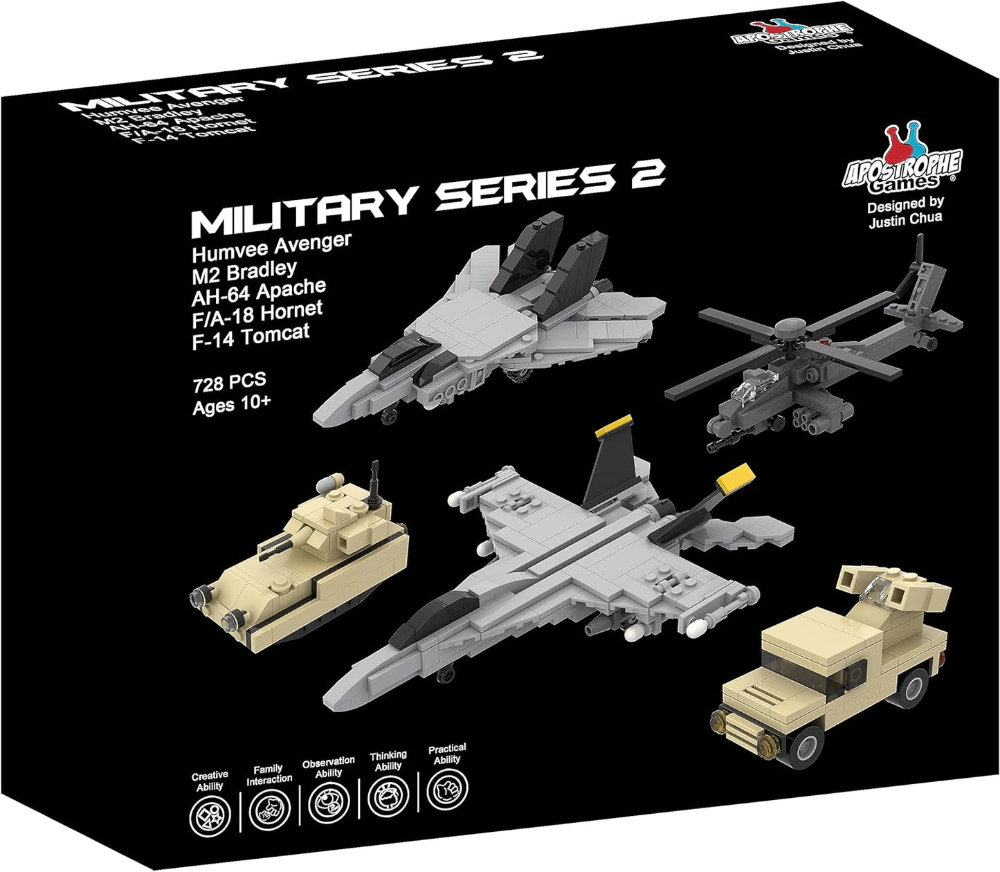 5 Military Building Block Sets (F/A-18 Hornet, F-14 Tomcat Fighter Jet, AH-64 Apache Helicopter, M2 Bradley Tank, and Humvee Avenger) - 728 Pieces