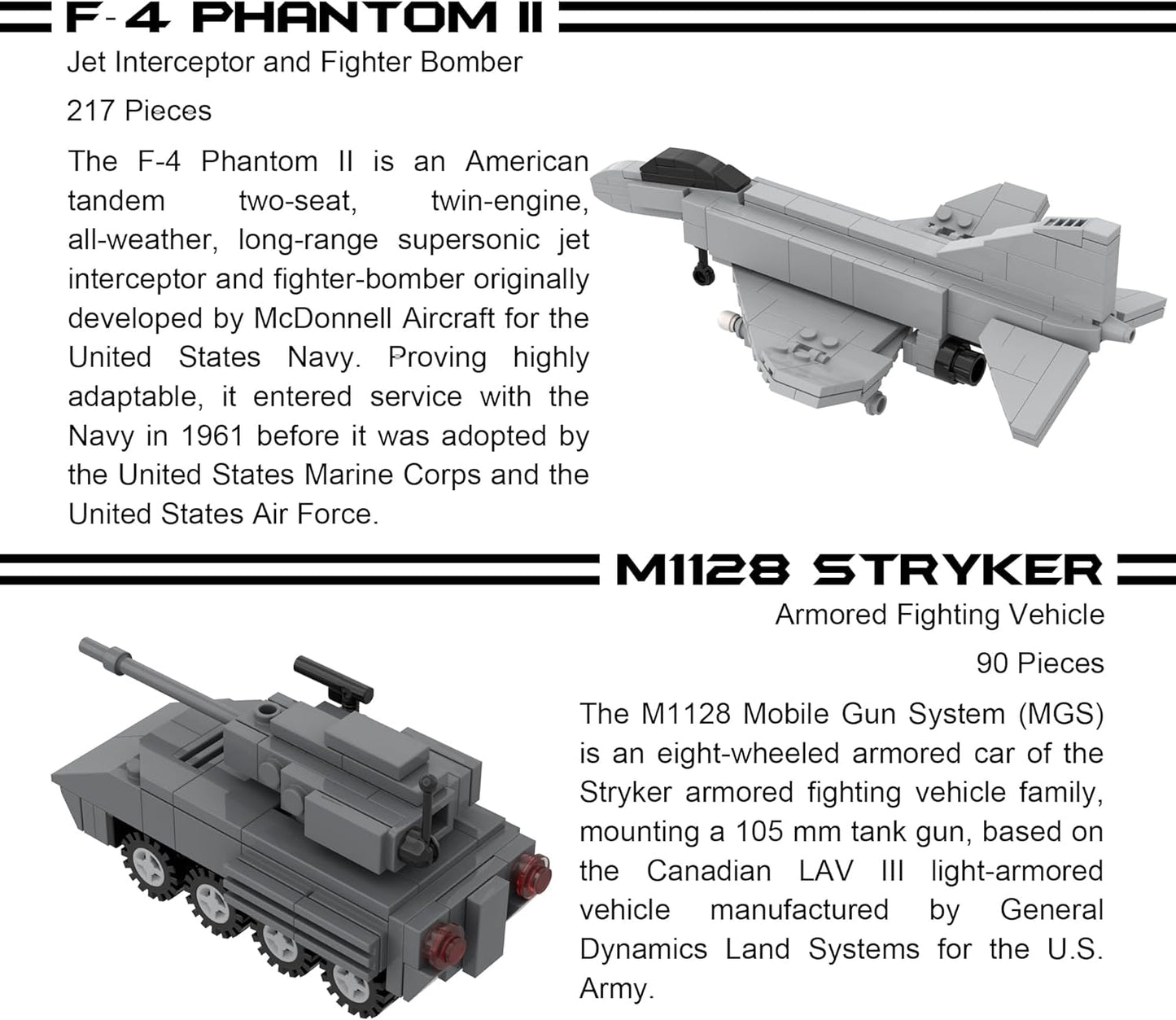 5 Military Building Block Sets (A-10 Thunderbolt II, F-4 Phantom II, M109 Paladin, M1128 Stryker, & V-22 Osprey) - 901 Pieces
