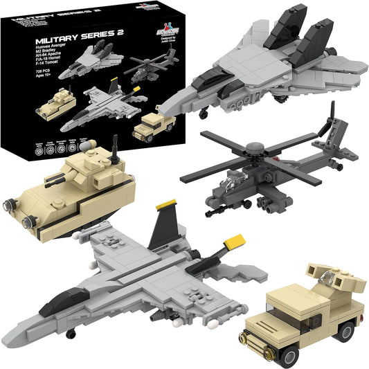 5 Military Building Block Sets (F/A-18 Hornet, F-14 Tomcat Fighter Jet, AH-64 Apache Helicopter, M2 Bradley Tank, and Humvee Avenger) - 728 Pieces