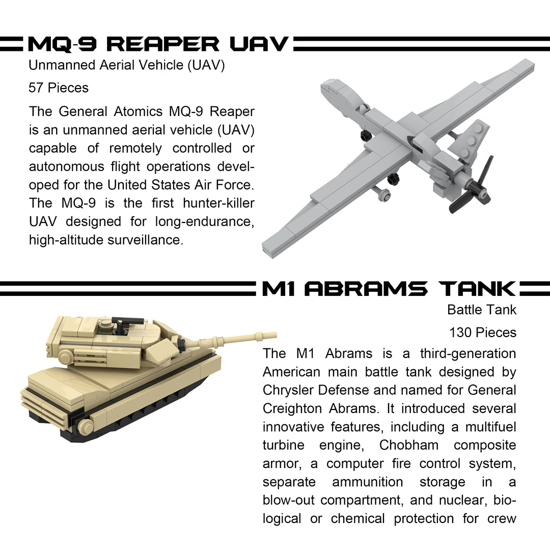 5 Military Vehicle Set (F-22 Raptor, M1 Abrams Tank, Black Hawk Helicopter, MQ-9 Reaper UAV, & Humvee)- 665 Pieces