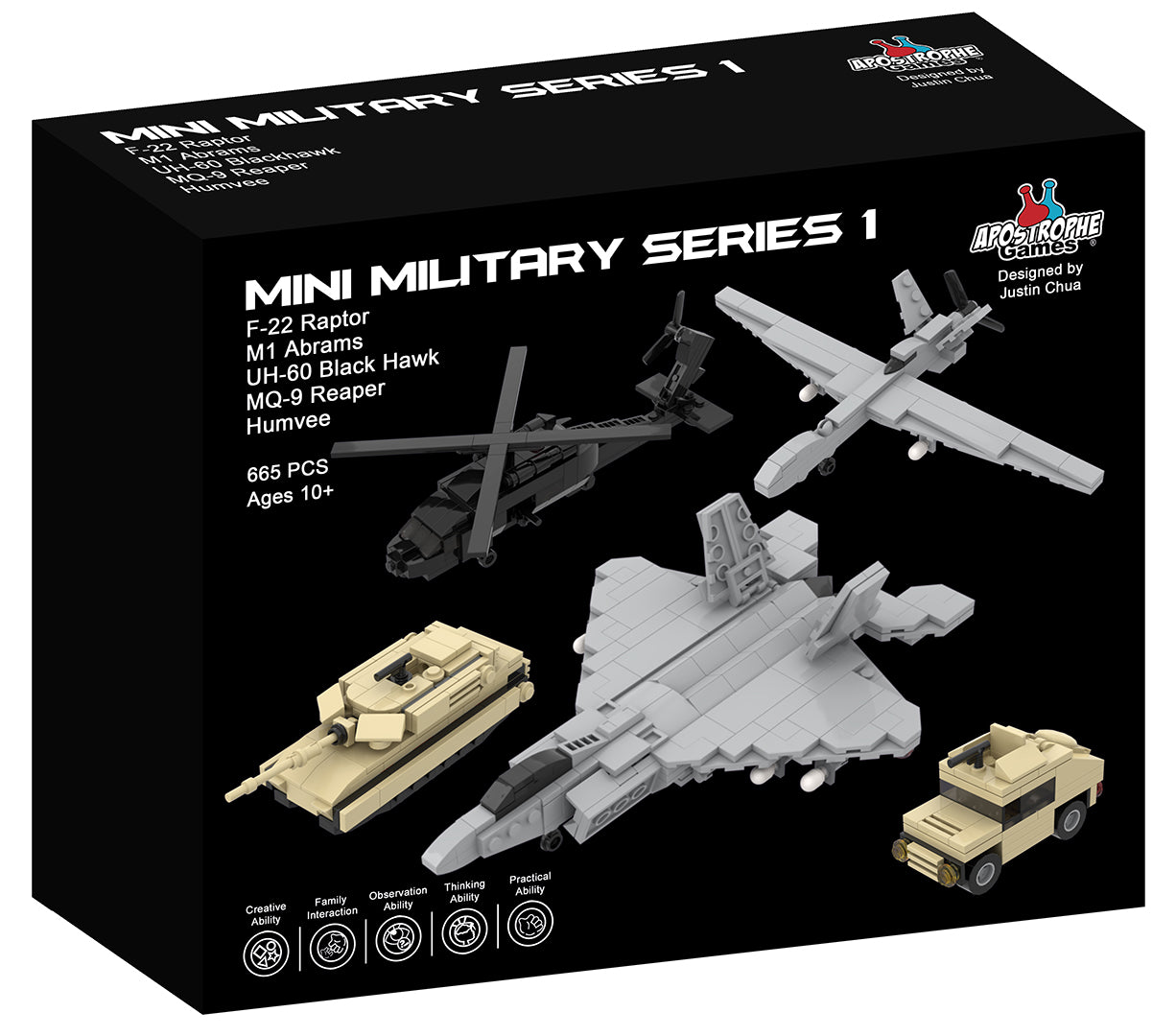 5 Military Vehicle Set (F-22 Raptor, M1 Abrams Tank, Black Hawk Helicopter, MQ-9 Reaper UAV, & Humvee)- 665 Pieces