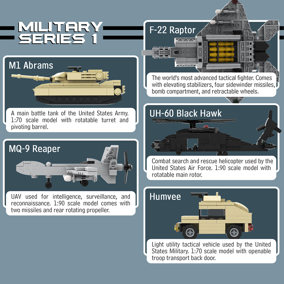 5 Military Vehicle Set (F-22 Raptor, M1 Abrams Tank, Black Hawk Helicopter, MQ-9 Reaper UAV, & Humvee)- 665 Pieces