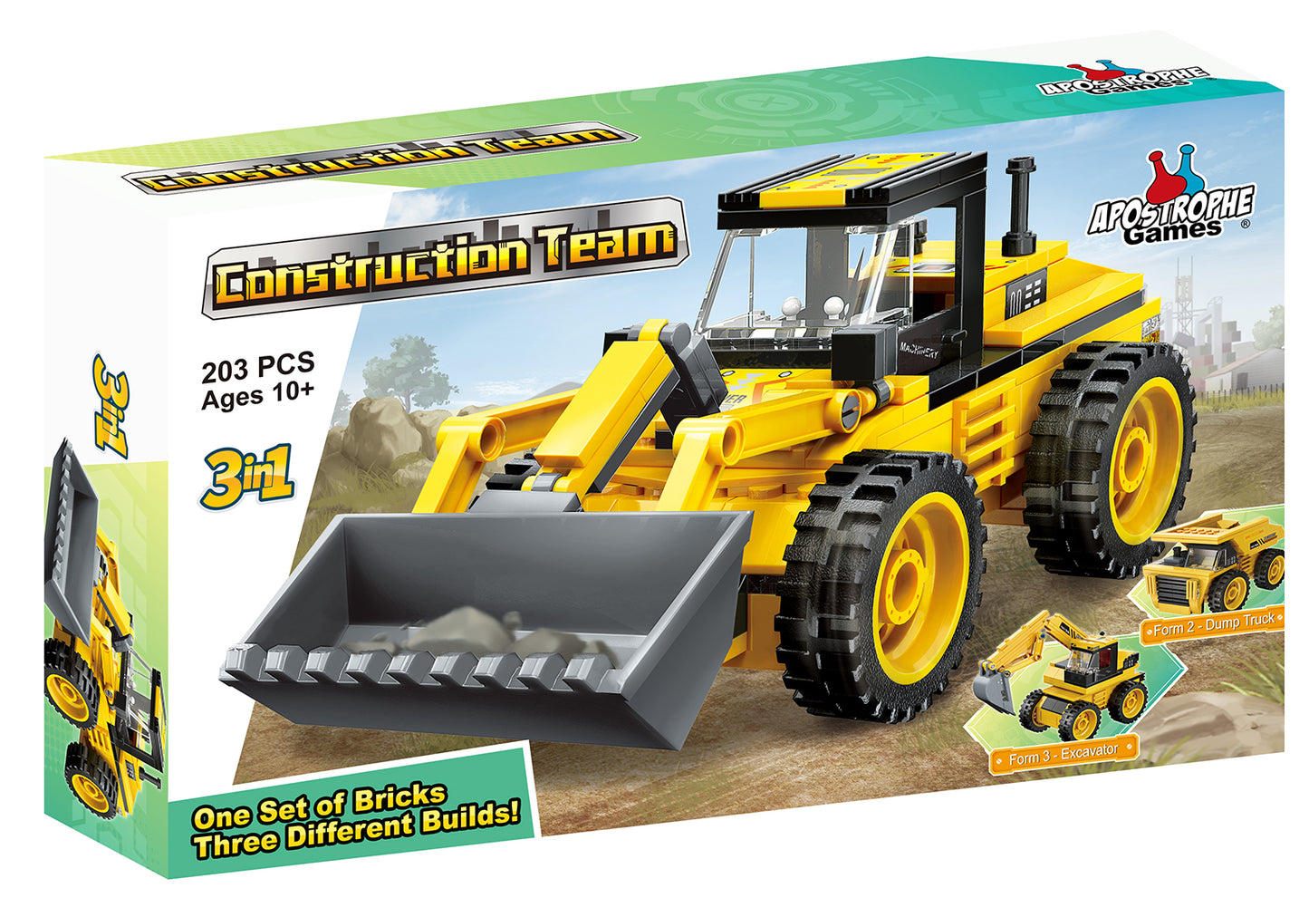 Construction Team Building Block Set - 203 Pieces - 3 Builds in 1 Box!