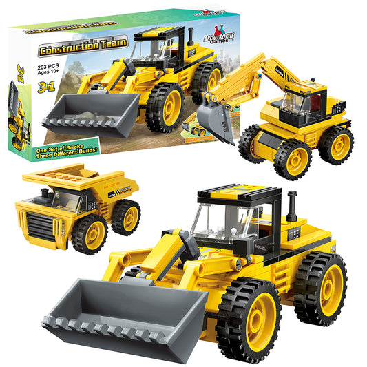 Construction Team Building Block Set - 203 Pieces - 3 Builds in 1 Box!