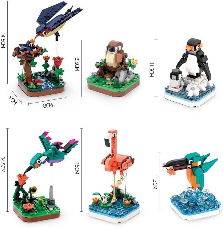 Majestic Birds Model Building Block Kit - 876 Pieces - Six Unique Bird Models