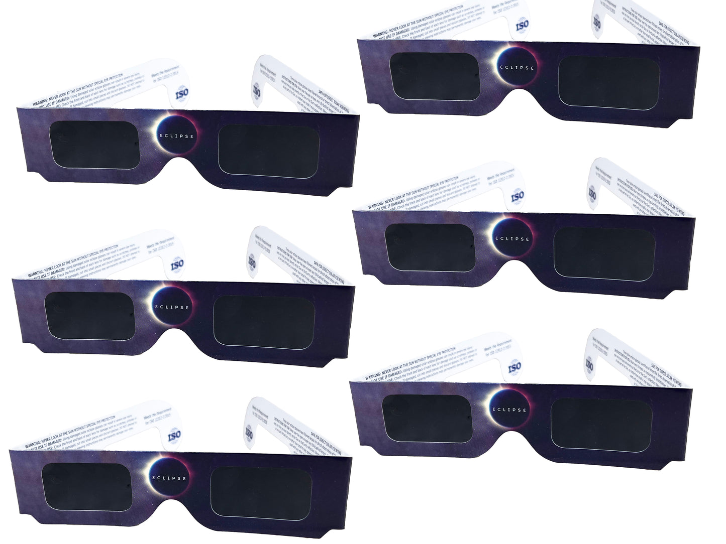 Solar Eclipse Paper Glasses, ISO Certified - 6 Pack - Safe glasses for Direct Sun Viewing