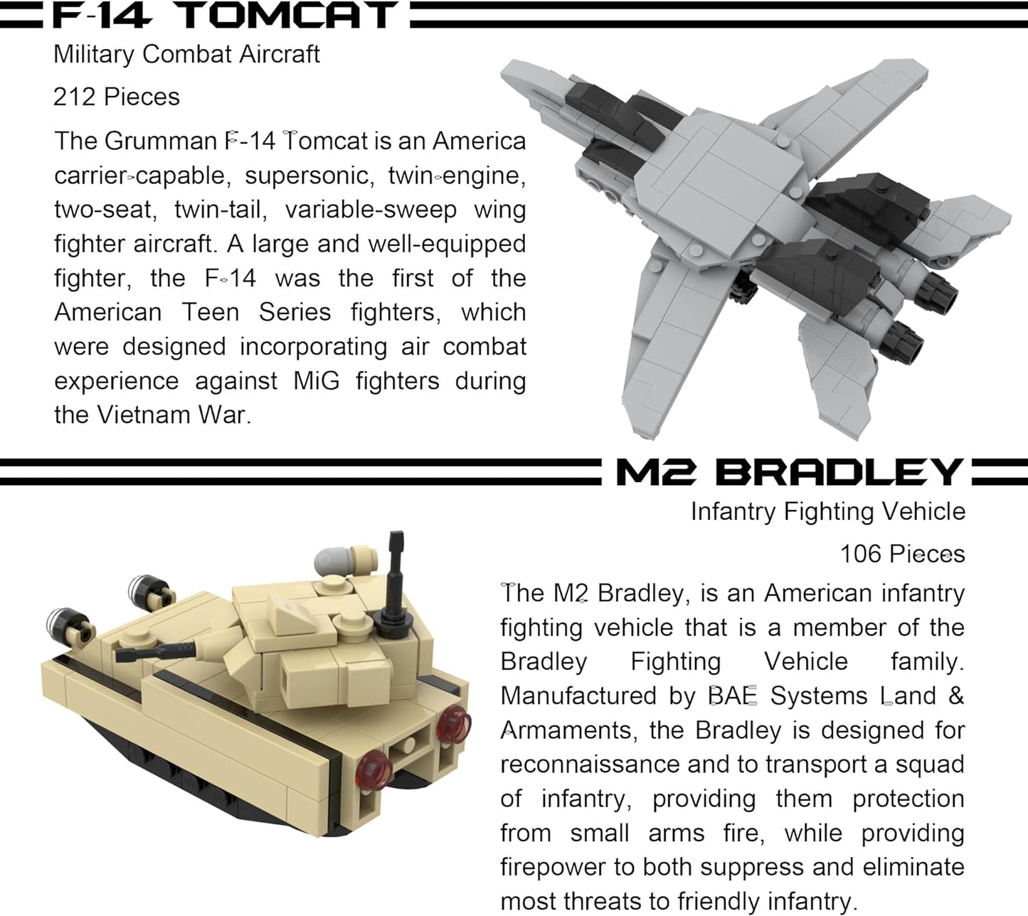 5 Military Building Block Sets (F/A-18 Hornet, F-14 Tomcat Fighter Jet, AH-64 Apache Helicopter, M2 Bradley Tank, and Humvee Avenger) - 728 Pieces