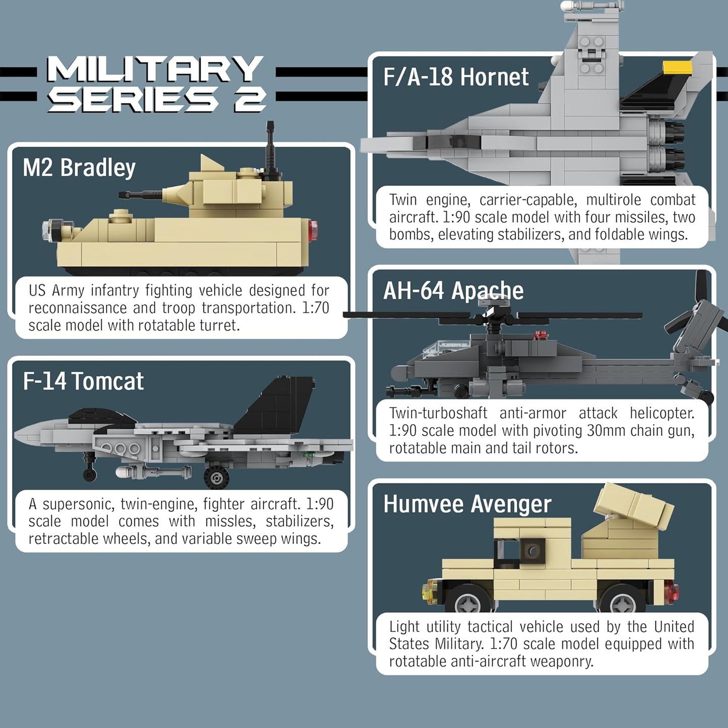 5 Military Building Block Sets (F/A-18 Hornet, F-14 Tomcat Fighter Jet, AH-64 Apache Helicopter, M2 Bradley Tank, and Humvee Avenger) - 728 Pieces