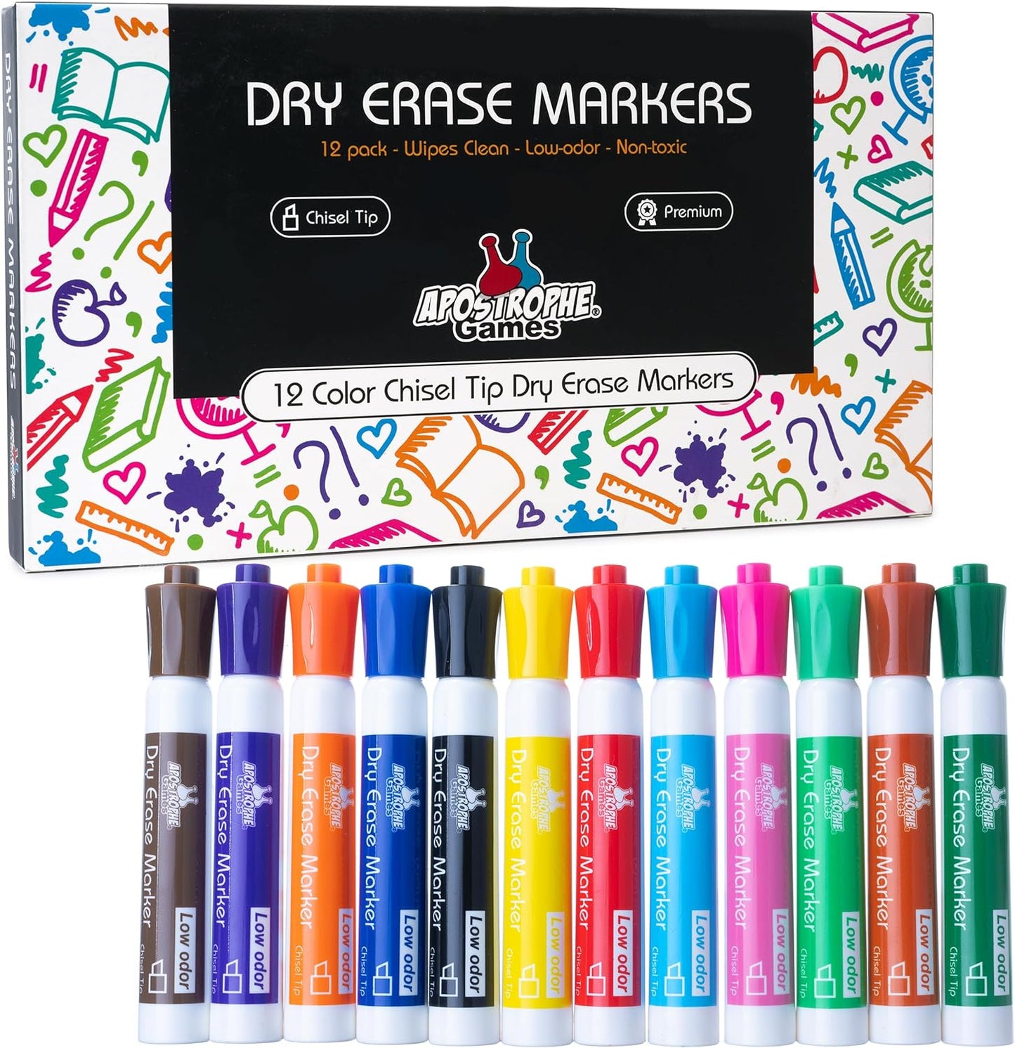 Dry Erase Markers - 12 Colors w/Chisel Tip