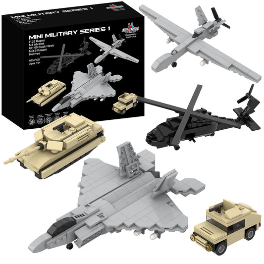 5 Military Vehicle Set (F-22 Raptor, M1 Abrams Tank, Black Hawk Helicopter, MQ-9 Reaper UAV, & Humvee)- 665 Pieces