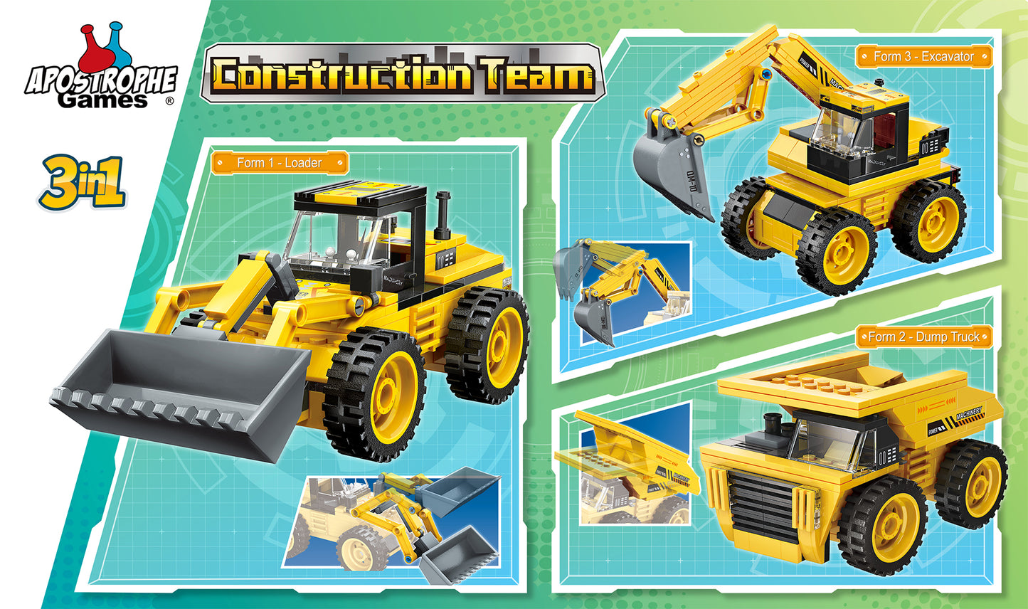 Construction Team Building Block Set - 203 Pieces - 3 Builds in 1 Box!