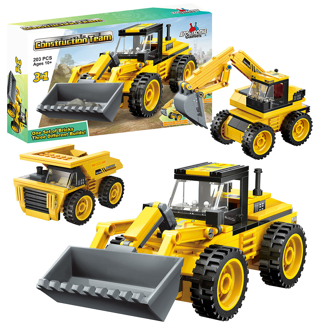 Construction Team Building Block Set - 203 Pieces - 3 Builds in 1 Box!